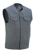 Mens Grey Denim Collarless Club Vest with Conceal Carry Pockets