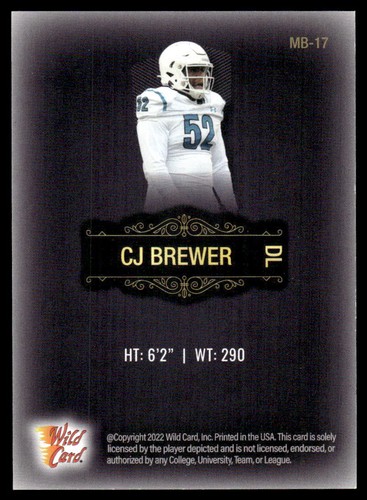 CJ Brewer 2022 Wild Card Matte # MB-17 Base Costal Carolina Chanticleers - Picture 2 of 2