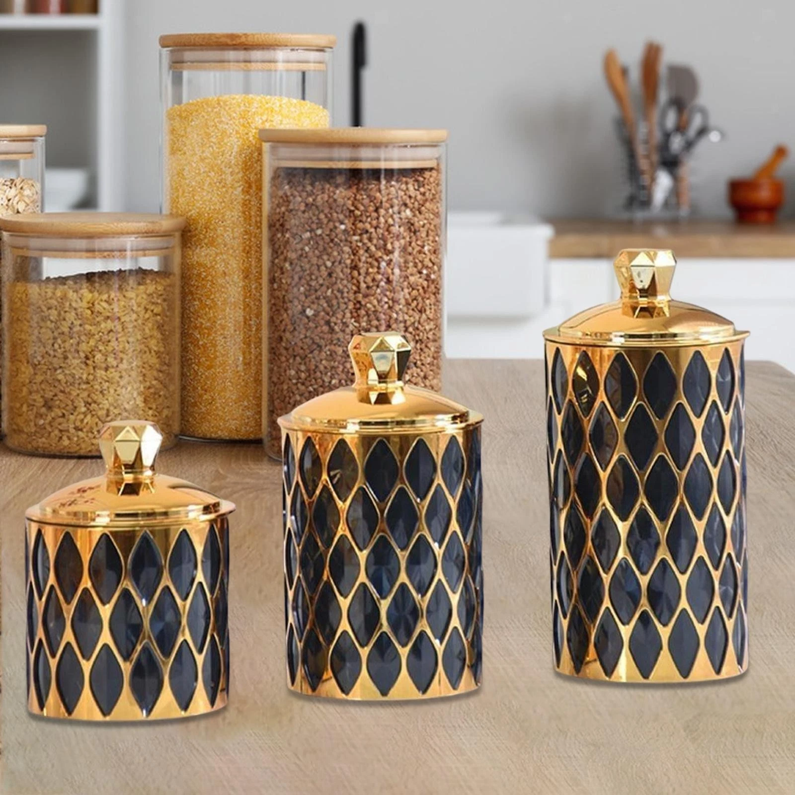 3 Pieces Airtight Food Storage Jar Organizer Canister Decorative Reusable Snack