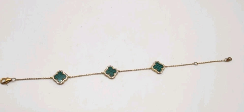 Brazalete trébol de malaquita/circonita cúbica genuina plata de ley 925 oro vermeil 7" delicado Foto 2 de 4