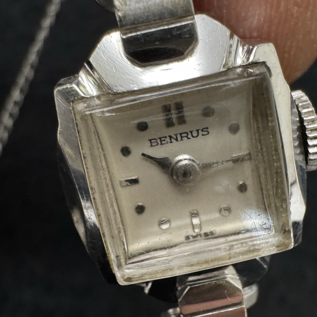 rare vintage BENRUS 14K White Gold Ladies Square Watch