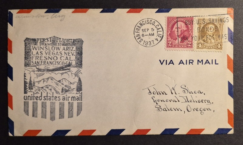 1937 First Flight San Francisco CA California AM 37 Airmail 37E4 Air Mail Cover