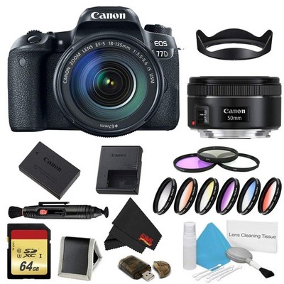 Canon EOS 77D DSLR Camera +18-135mm Lens Bundle w/ 9 Piece Filter & Memory Kit +