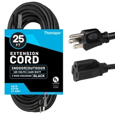 Thonapa 25 Ft Black Extension Cord - 16/3 Electrical Cable 3 Prong Grounded Plug