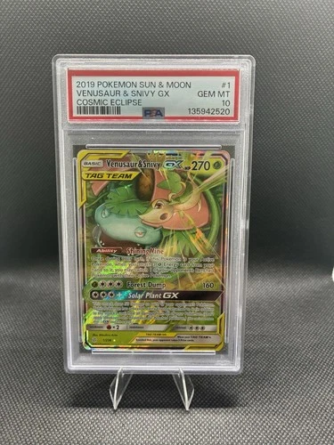 PSA 10 VENUSAUR & SNIVY GX 1 COSMIC ECLIPSE SUN & MOON POKEMON GEM MINT