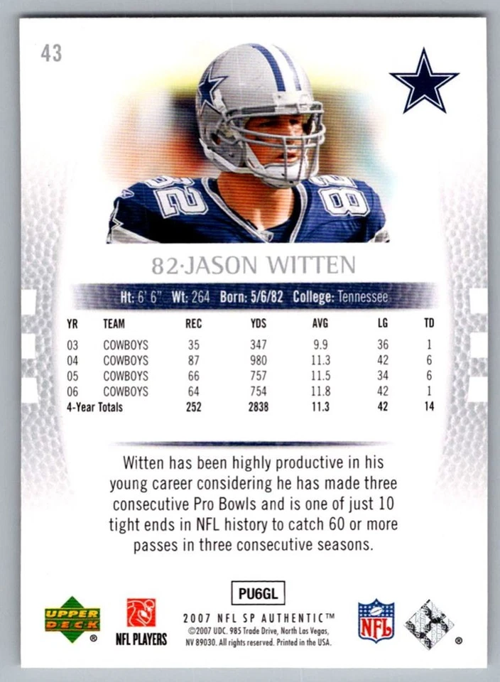 2007 SP Authentic Jason Witten Dallas Cowboys #43 - Image 2 of 2