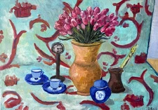 Tulips Painting Original Oil Art  Matisse Style Still Life Coffee Art signed