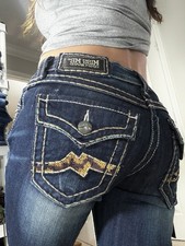 Miss Me Boot Jeans Size 26 Sequin Flap Pockets Low Rise Dark Blue Y2K Vtg NWT