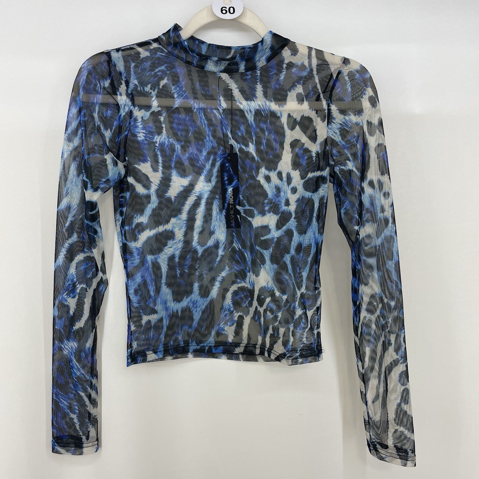 Fashion Nova Size M Sheer Mesh Long Sleeve Fitted Top Animal Print Blue Black