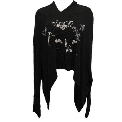 Lauren Moshi Hooded Womens XS/S Cropped Oversized Sweater Black Cat Graphic Purr
