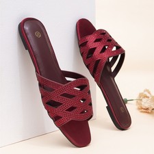 Women's Rhinestones Flat Sandals Crisscross Strap Open Toe Summer Slide Shoes