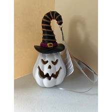 Halloween Light Up White Pumpkin Witch Hat Figurine Spooky Red LED Decor