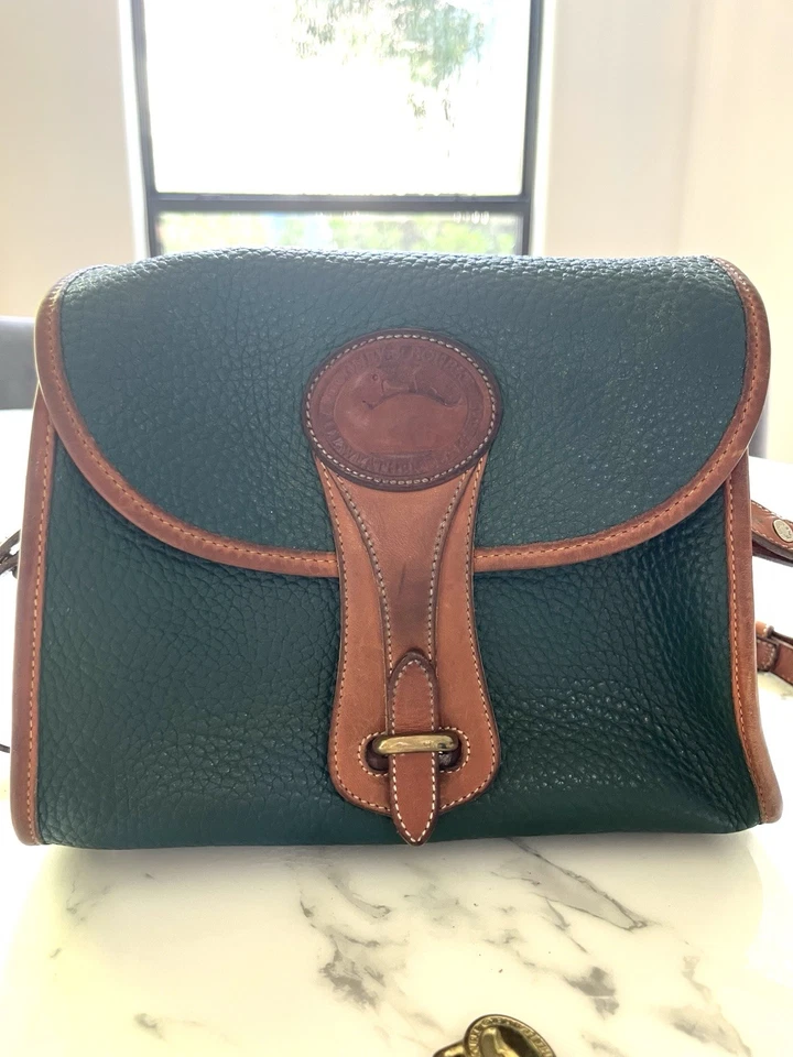 Vintage Dooney & Bourke AWL Crossbody Bag Green Tan Leather Duck Logo USA - Image 4 of 4