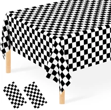 2 Pcs Black and White Checkered Tablecloth, Disposable Plastic Black Gingham Tab