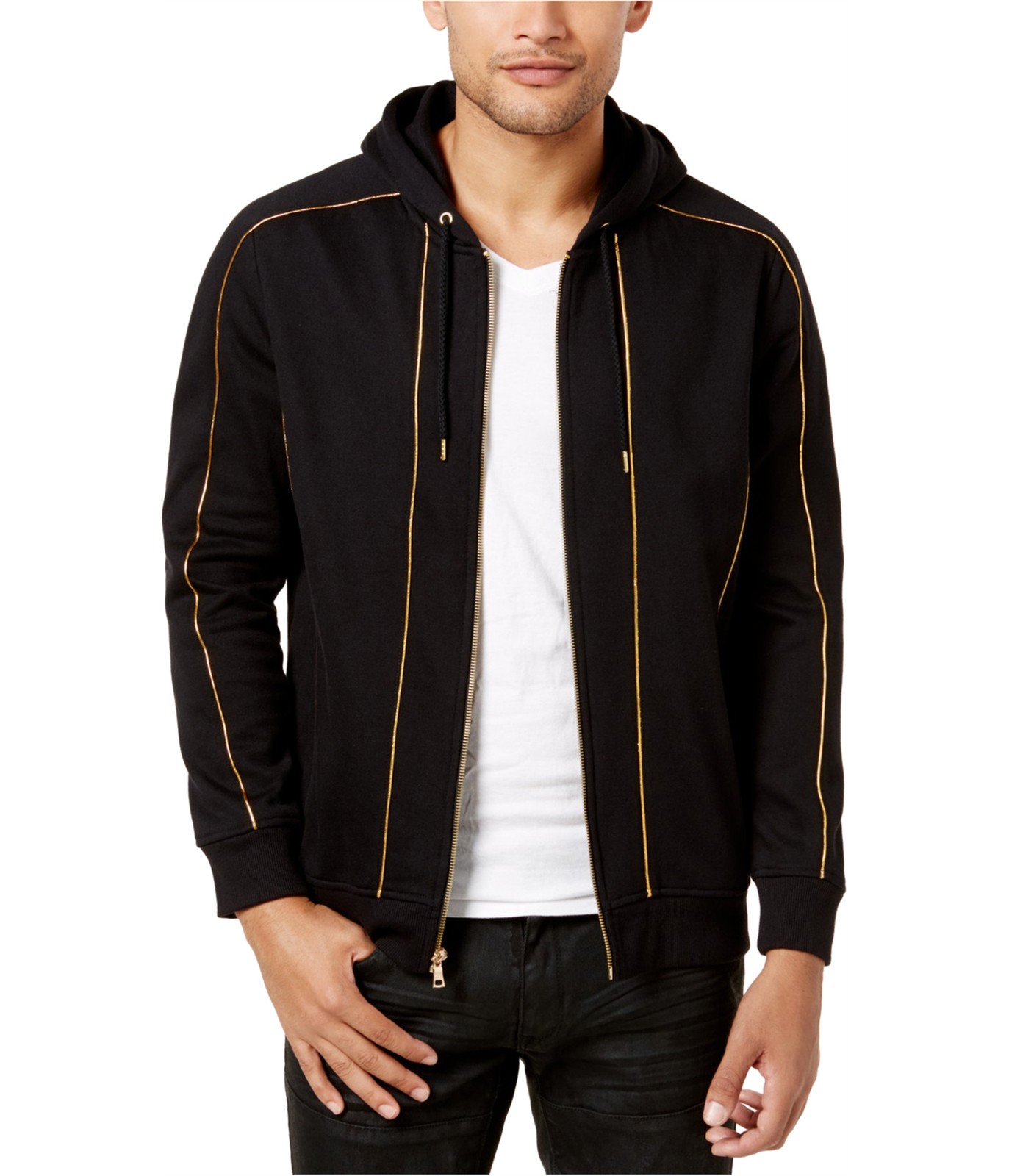 I.N.C Mens Gold Piping Hoodie Sweatshirt, Black, Small