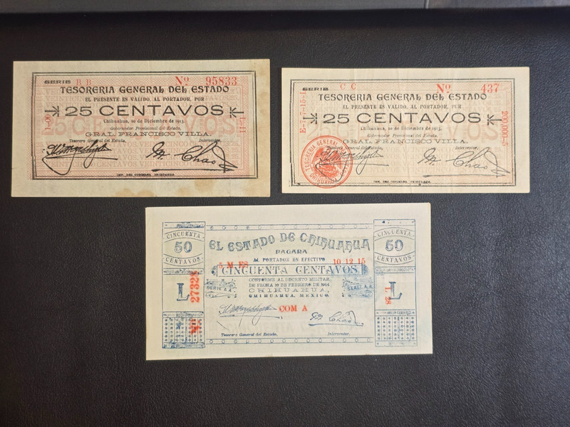 3-MEXICO REVOLUTION 25 & 50 Centavos Chihuahua 1913 & 15 Rare Bank notes