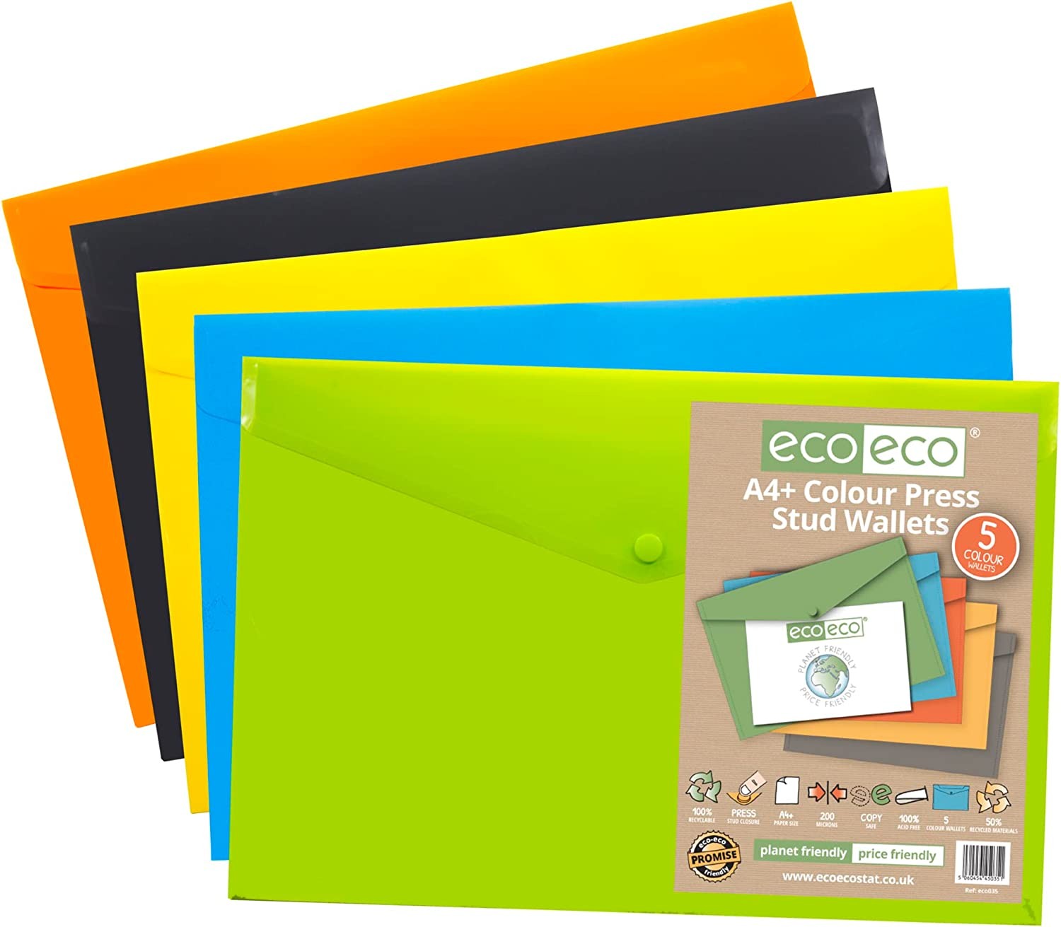 eco eco A4+ 50% Recycled Colour Press Stud Wallets Document Popper 2 X 5 Pack