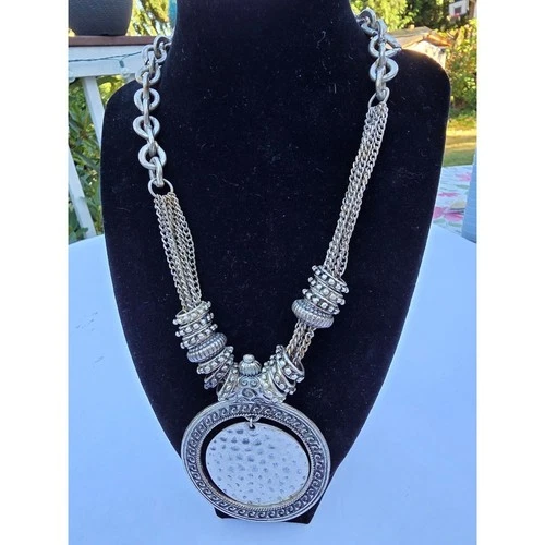 Chicos Silver Tone Multi Strand Hammered Pendant Statement Necklace Boho - product listing photo