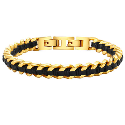 Punk Men 8mm Wide Braided Leather Cuban Link Bracelet Stainless Steel Chain Gift