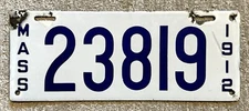 1912 Massachusetts Porcelain License Plate - Good Condition - A Little Touch Up