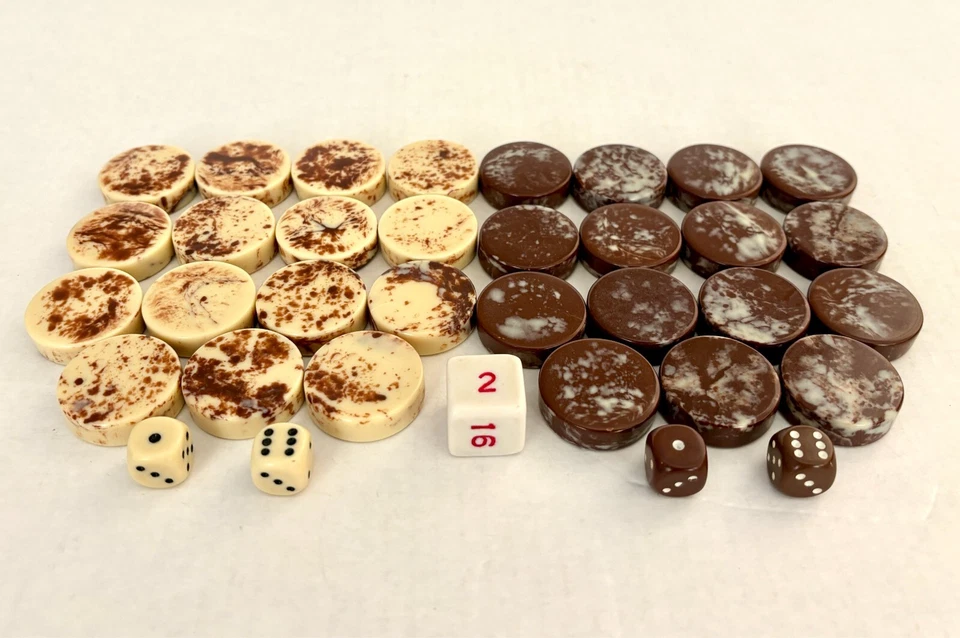 Vtg Backgammon Set Swirl Marbled Chocolate and Yellow Checkers Bakelite(?) - Image 4 of 4