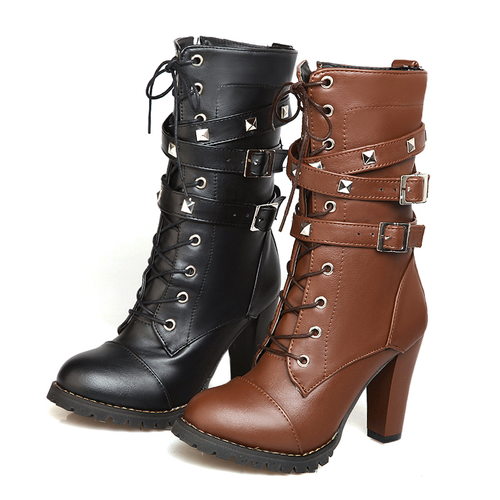 2023 Damen Stiefel High Heels Plateau Winterstiefel Halbhohe Schuhe Nieten Schnalle