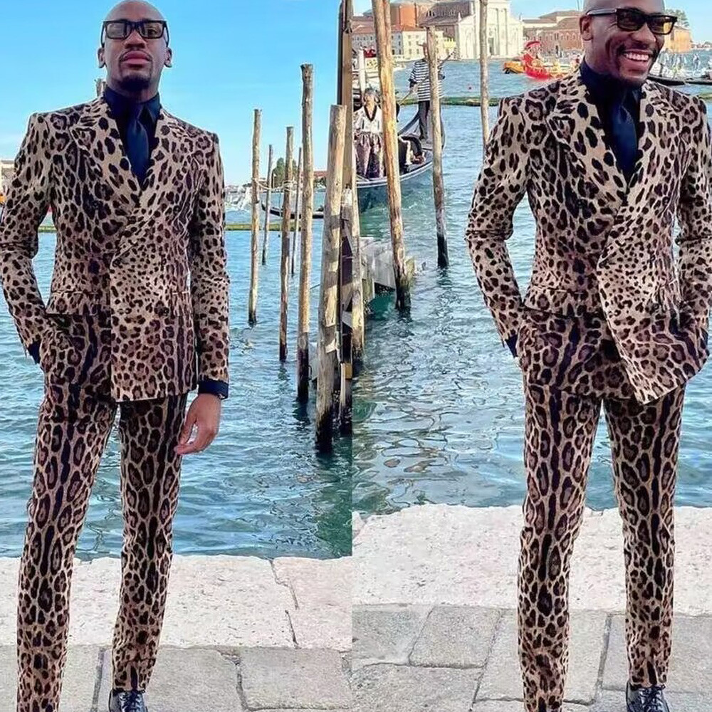 Leopard Print Men's Suits Slim Fit Peaked Lapel Pieces Suede Blazer  Tuxedos