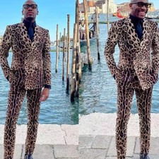 Leopard Print Men's Suits Slim Fit Peaked Lapel 2 Pieces Suede Blazer Tuxedos