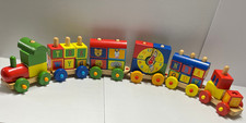Wooden 6Pc Toy Train Set  30 Blocks Numbers Letters Clock Stacking Build 32"