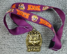 Vintage Chuck E Cheese Birthday Star Medallion Gold Metal Embossed With Lanyard