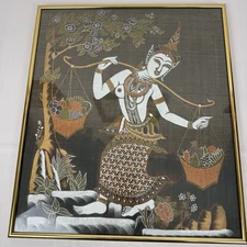 VTG Thai Silk Screen Painting Goddess Carrying Fruit Framed 18 3/4 X 16