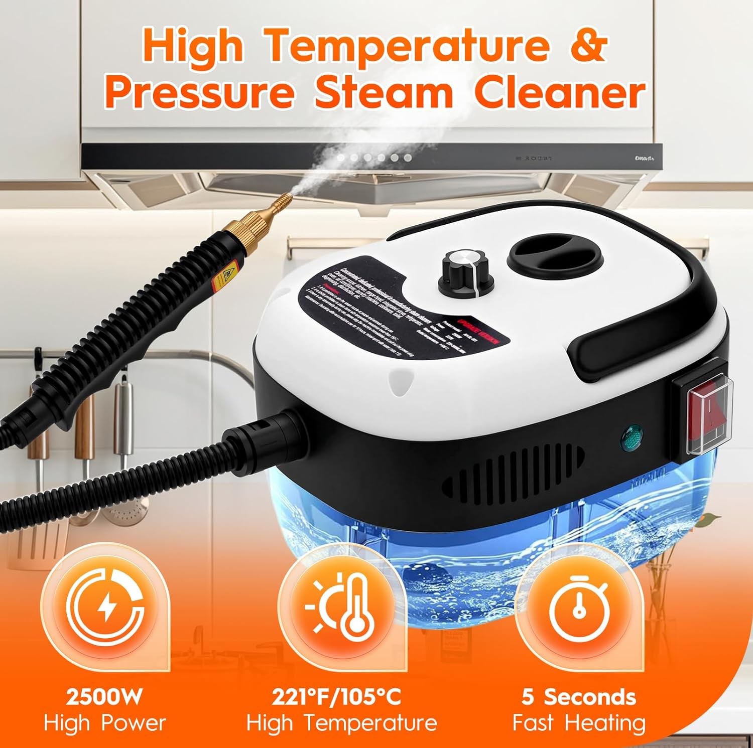 Efficient Portable Steam Cleaner 2500W with 6 Speed Setting in White Finish