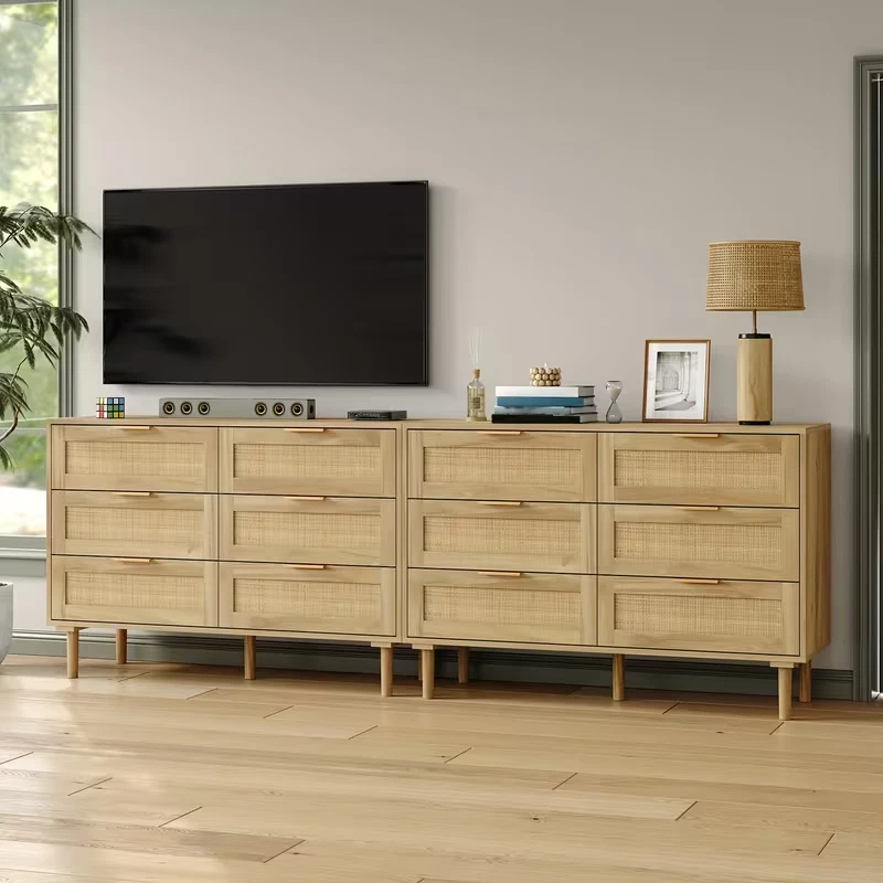 Cómoda de madera natural y ratán con 6 cajones - Cómoda de almacenamiento moderna de mediados de siglo Foto 4 de 4