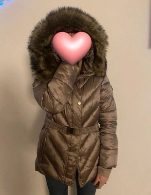 Michael Kors Damen Daunenjacke M Grau kurz gesteppt Fellkapuze mit Gürtel