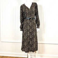 Michael Kors Women's Sz L Animal Kate Belted Midi Dress Long Sleeve Button Down