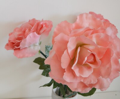 Großer Vintage künstlicher rosa Rosenkopf & Stiel 30 cm Durchmesser, weicher Samt Touch