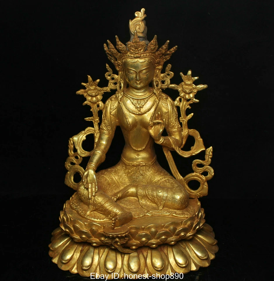 Antigua estatua de diosa Tara Mahayana verde asiento dorado budismo chino tibetano Foto 4 de 4