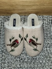 Land's End Cork scuff Slippers Sz 10B Chevron w/Bird Embroidered sherpa lined