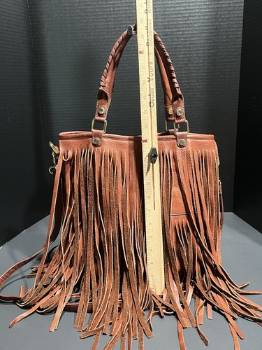 B-LOW THE BELT Whiskey Brown Leather Twiggy Fringe Hand/Shoulder Bag Purse - Picture 6 of 10