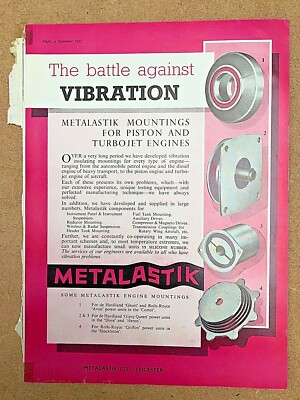 1953 Flugzeug Werbung METALASTIK LAGER KOLBEN TURBOJET MOTOREN VIBRATION 