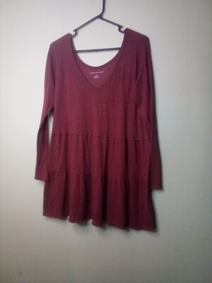 American Eagle Blouse L Women Long Sleeve Ruffle Baby Doll V-Neck Red Maroon