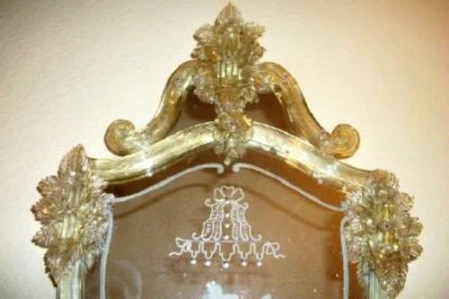 ESPEJO DE PARED VENECIANO MURANO ITALIANO AÑOS 20 FLORES DE VIDRIO HOJAS GRABADAS PIERROT Foto 2 de 4