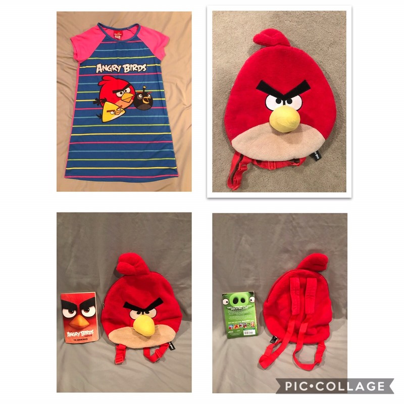 EUC Angry Birds Lot Movie Book Red Plush Backpack Nightgown SZ 10-12 Girls
