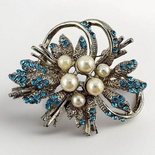 Broche abstraite fausse perle strass bleu ton argent 1,5"x2" vintage années 50