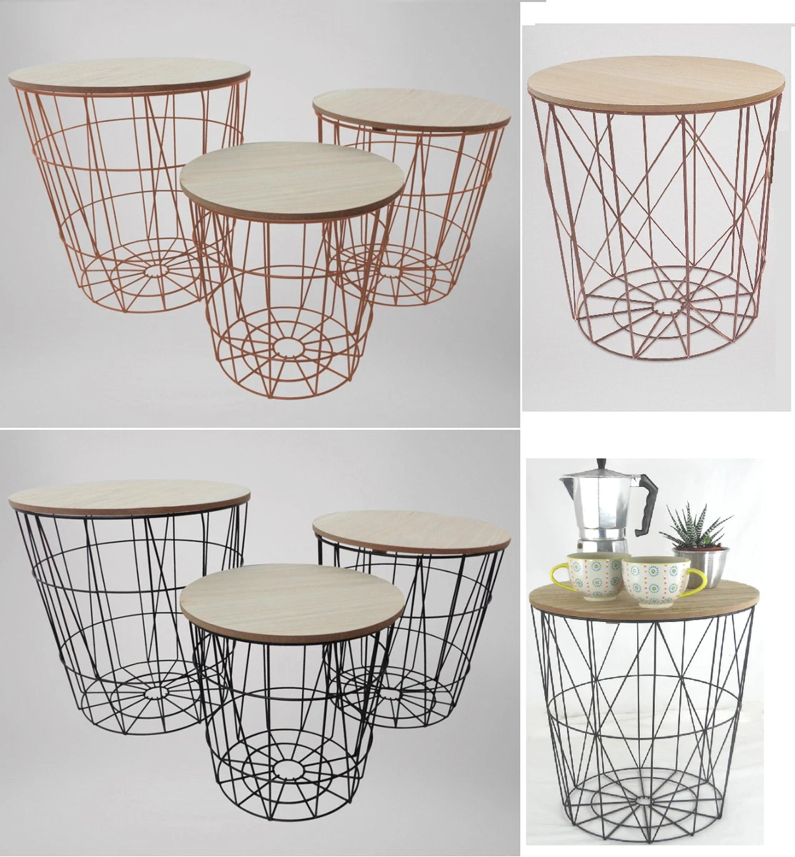 Black metal wire accent cheap table with wooden top