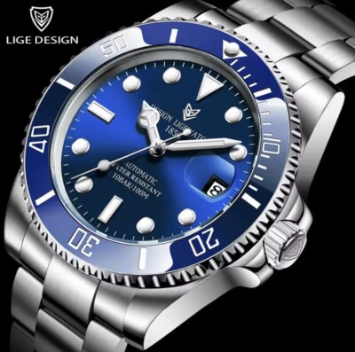 Lige Design Luxury Stainless Steel New Watch Sapphire Mechanical Automatic Blue