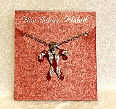 Crystal Candy Cane Christmas Necklace Kohls NEW Silver Plated