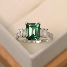 Green sapphire ring, sterling silver wedding ring, green emerald cut gemstone