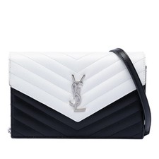 Saint Laurent Bicolor Grain De Poudre Chevron Monogram Envelope Chain Wallet