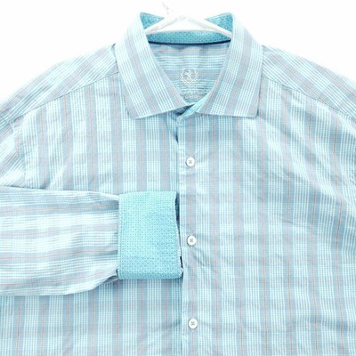 Bugatchi Uomo Shirt Mens 16 Blue White Plaid Flip Cuffs Long Sleeve Button-Up